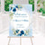 табела за сватба със сини цветя, welcome board, сватбена табела с бели цветя и зелени листа
